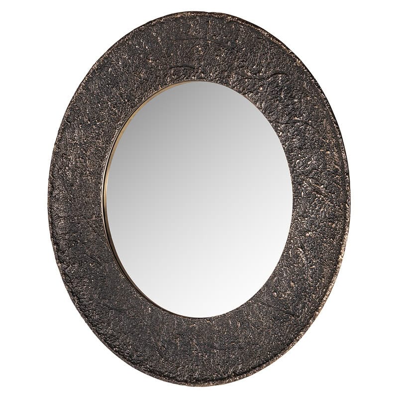 Rustieke houten wandspiegel met een donker, textured frame, perfect voor een landelijke of vintage interieurstijl. Gemaakt van duurzaam hout, ideaal voor woonkamer of slaapkamer.