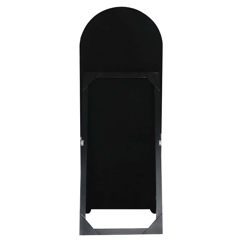 Moderne zwarte kapstok met spiegel en houten details, perfect voor entree of garderobe.