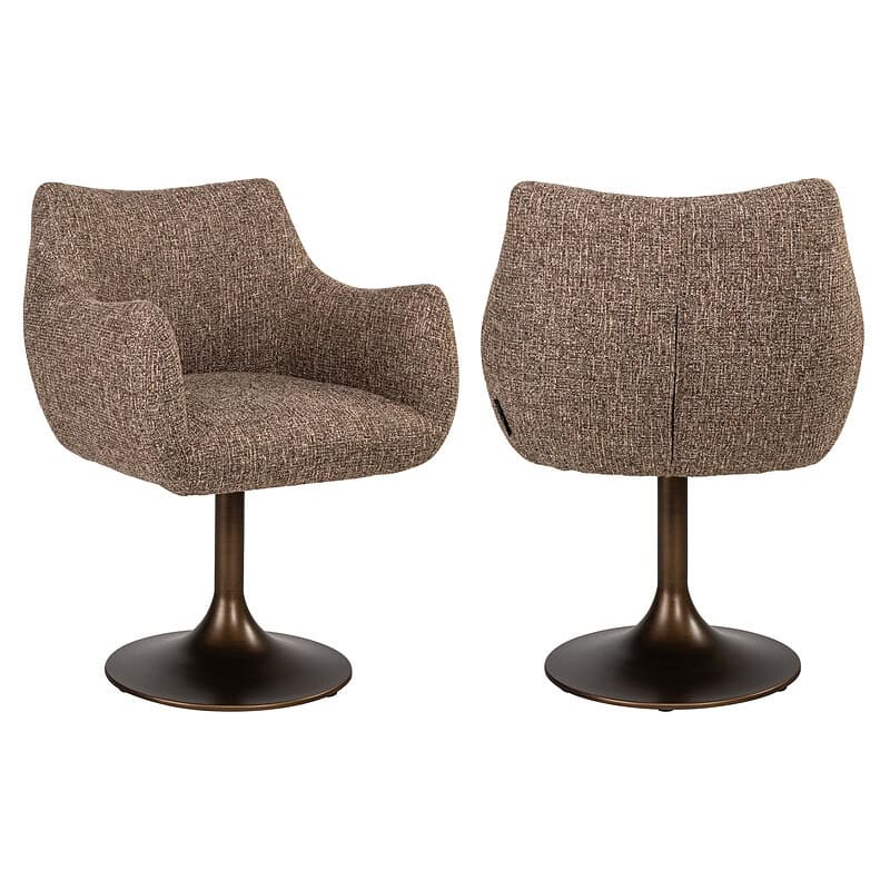 Comfortabele Aldo eetkamerstoel in bruin tweed, draaibaar met een moderne uitstraling, perfect voor een stijlvolle eetkamer of kantoorruimte.