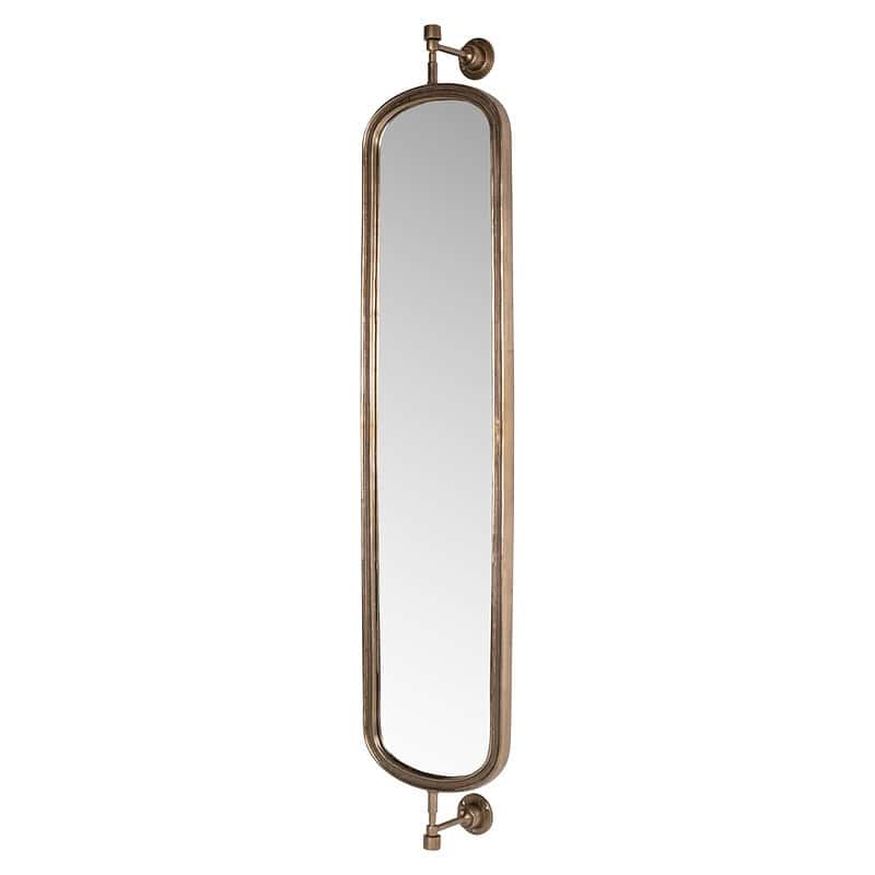 Elegante lange muurspiegel met gouden metalen frame en verstelbare arm, perfect voor moderne interieurs en decoratie.