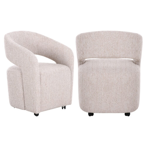 Zijaanzicht beige eetkamerstoel Vixen met armleuning en verfijnd lineair ontwerp