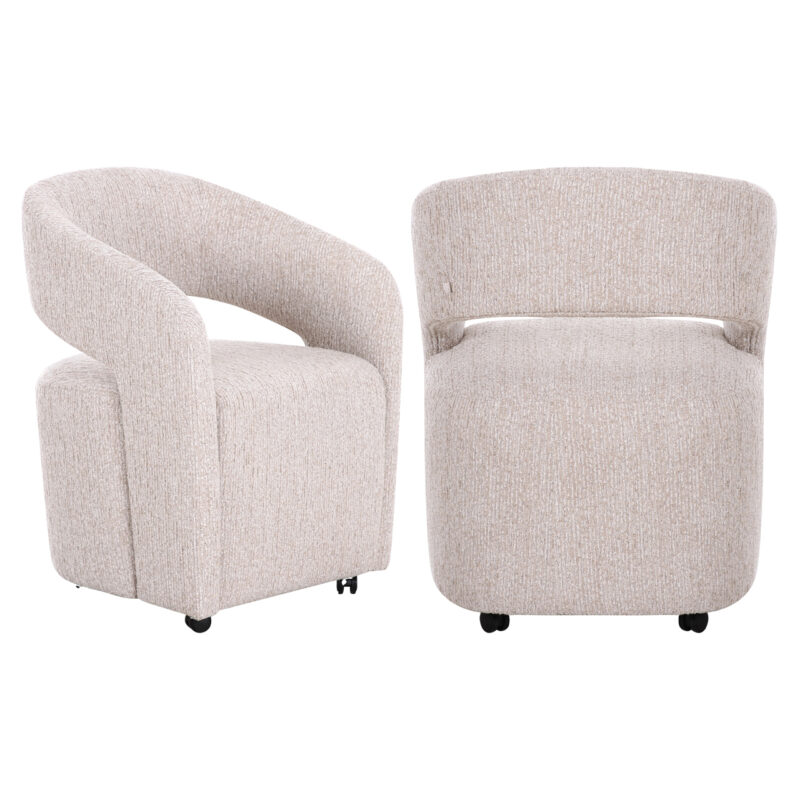 Zijaanzicht beige eetkamerstoel Vixen met armleuning en verfijnd lineair ontwerp