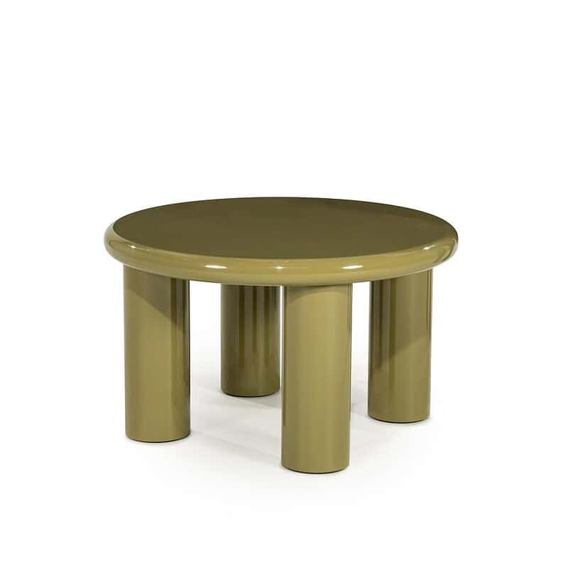 Moderner runder Couchtisch aus Gold mit dicken Beinen, perfekt für ein stilvolles Wohnzimmer. Aus hochwertigem Material gefertigt, verbindet er Funktionalität mit elegantem Design.