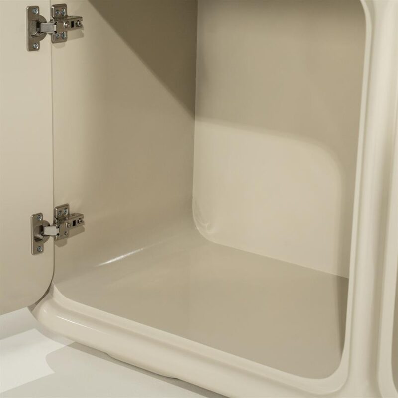 Close-up van de textuur en hoogglans afwerking dresser Gubby beige