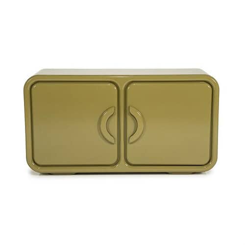 Vintage groene kast met dubbele deuren, ronde handgrepen, perfect voor retro interieur en opbergruimte. Gemaakt van stevig materiaal, ideaal voor woonkamer of slaapkamer.