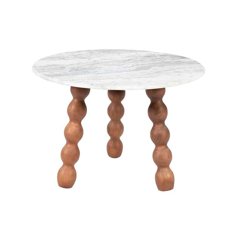 Beistelltisch aus Holz mit runder Marmorplatte und gedrechselten Holzbeinen, perfekt für moderne und rustikale Einrichtungen.