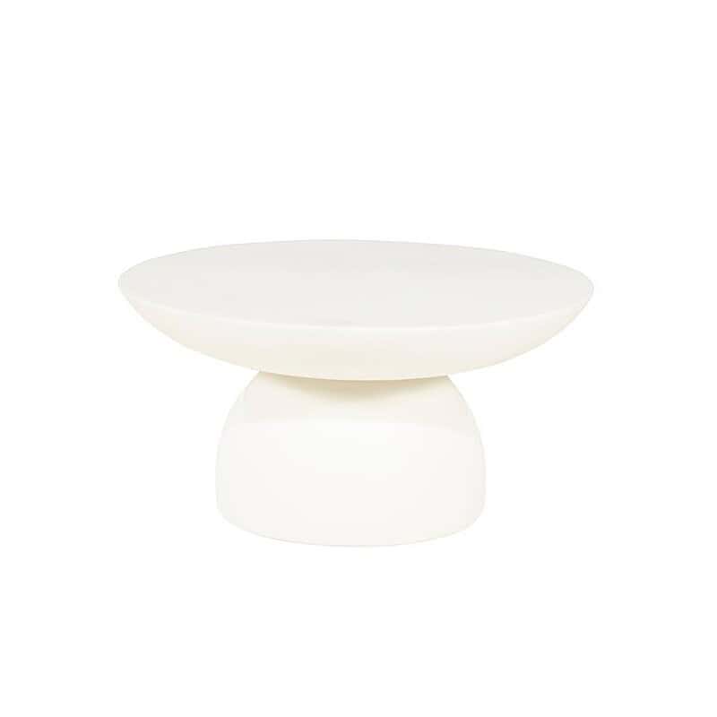 Moderner weißer Couchtisch von Mokana mit runder Platte und einzigartigem Untergestell – perfekt für ein modernes Wohnzimmer.