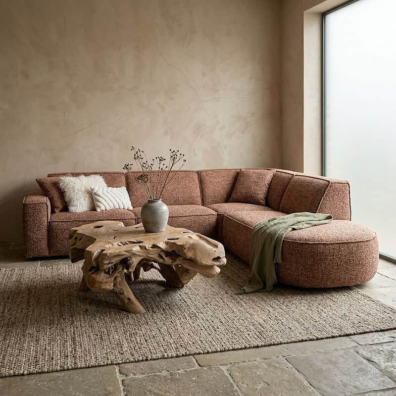 Luxe hoekbank Camila van Mokana in een modern interieur met natuurlijke materialen en zachte texturen.