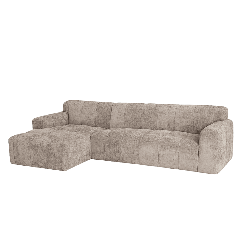 Sofa mit Eckelement aus beigem Stoff, modern und bequem.