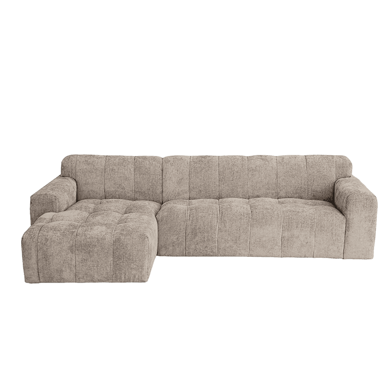 Modernes beiges Stoffsofa mit Chaiselongue – perfekt für ein gemütliches Wohnzimmer und komfortables Sitzvergnügen.