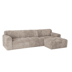 Sofa mit Chaiselongue aus beigem Stoff, modern und bequem.