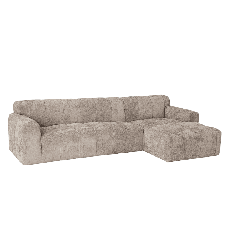 Sofa mit Chaiselongue aus beigem Stoff, modern und bequem.