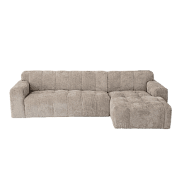 Sitzgruppe mit Chaiselongue aus beigem Stoff, modern und bequem. Perfekt für ein gemütliches Wohnzimmer und eine stilvolle Einrichtung.