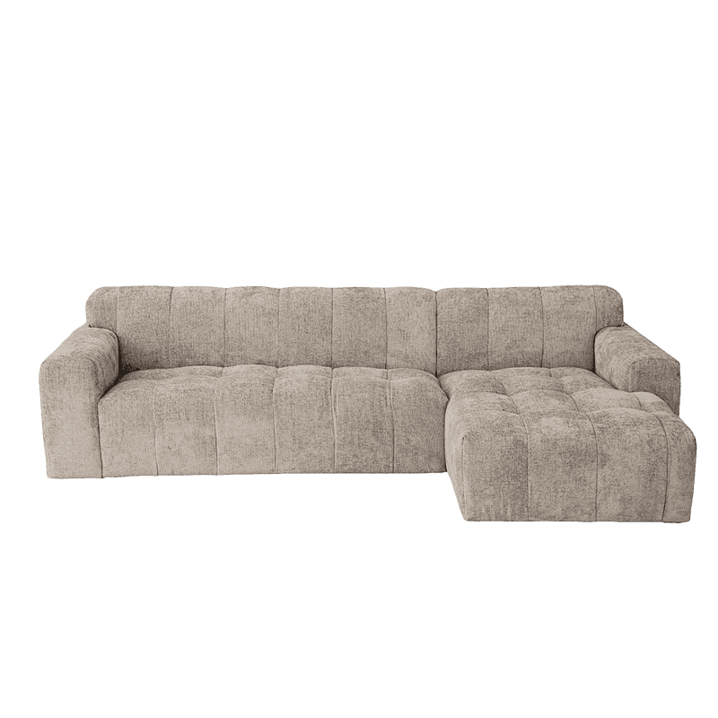 Sitzgruppe mit Chaiselongue aus beigem Stoff, modern und bequem. Perfekt für ein gemütliches Wohnzimmer und eine stilvolle Einrichtung.