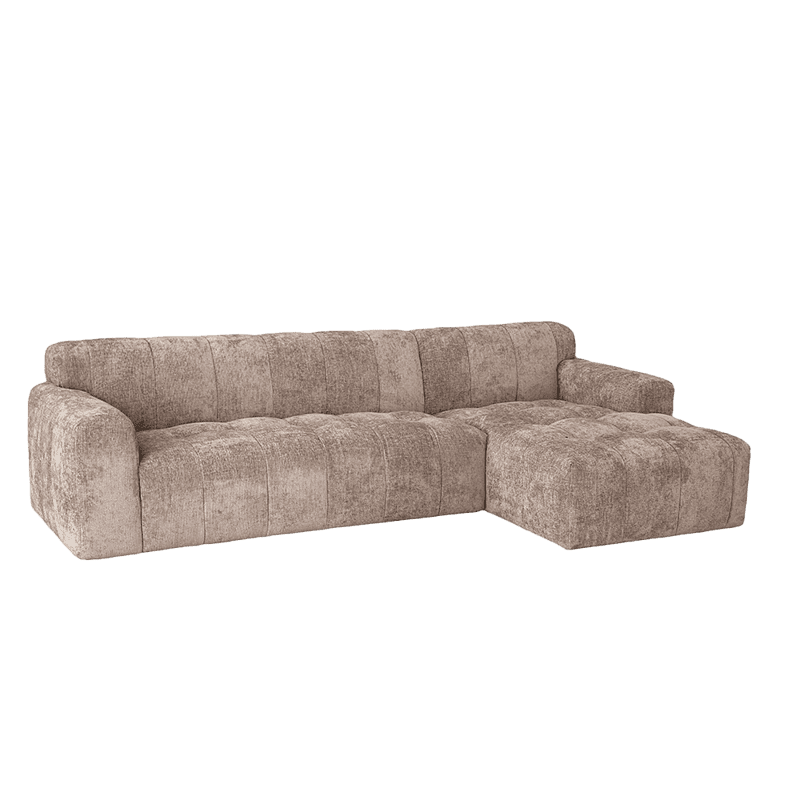 Sofa mit Chaiselongue aus beigem Stoff, modern und bequem. Perfekt für ein gemütliches Wohnzimmer und eine stilvolle Einrichtung.