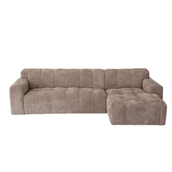 Sofa mit Chaiselongue aus beigem Stoff, modern und bequem.