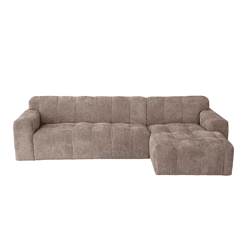 Sofa mit Chaiselongue aus beigem Stoff, modern und bequem.