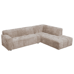 Sofa mit Chaiselongue aus beigem Stoff, modern und bequem.