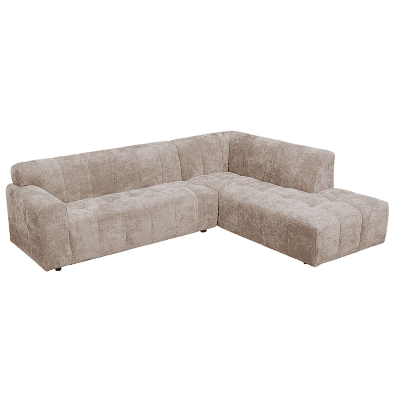 Sofa mit Chaiselongue aus beigem Stoff, modern und bequem.