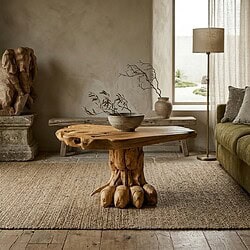 Unieke salontafel van teakhout met dierenpoot ontwerp, perfect voor een natuurlijke en rustieke woonkamer. Handgemaakt en duurzaam, voegt warmte en karakter toe aan elk interieur.