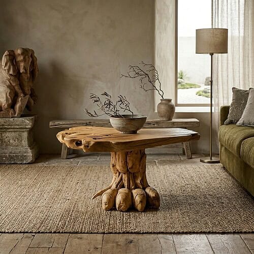 Unieke salontafel van teakhout met dierenpoot ontwerp, perfect voor een natuurlijke en rustieke woonkamer. Handgemaakt en duurzaam, voegt warmte en karakter toe aan elk interieur.