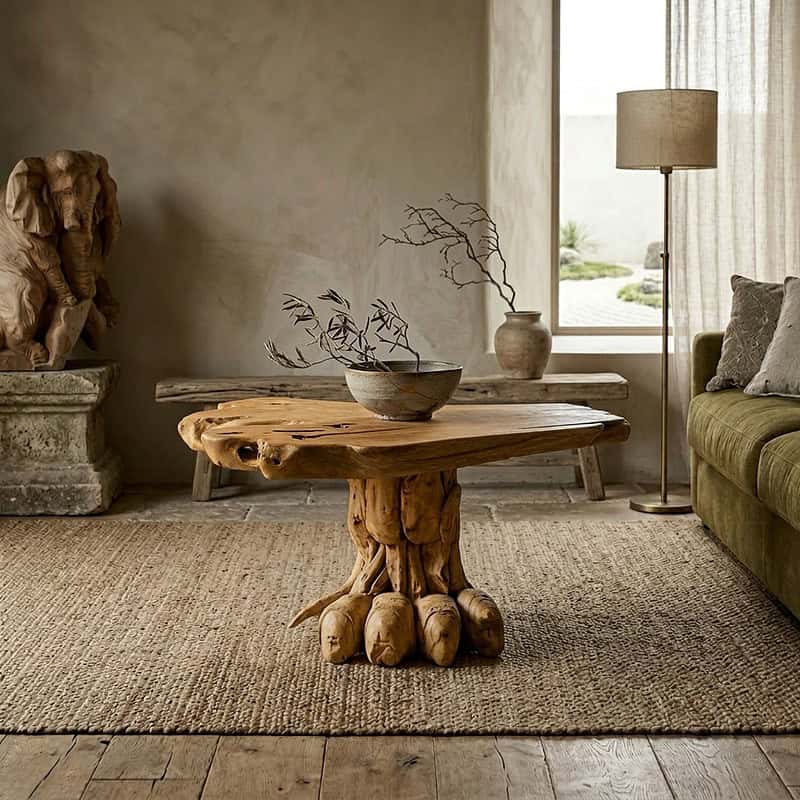 Unieke salontafel van teakhout met dierenpoot ontwerp, perfect voor een natuurlijke en rustieke woonkamer. Handgemaakt en duurzaam, voegt warmte en karakter toe aan elk interieur.