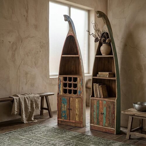 Unieke bootkast gemaakt van oude, gerecyclede bootonderdelen, handgemaakt en perfect voor een rustieke interieurstijl. Een opvallend meubelstuk met karakter en geschiedenis.