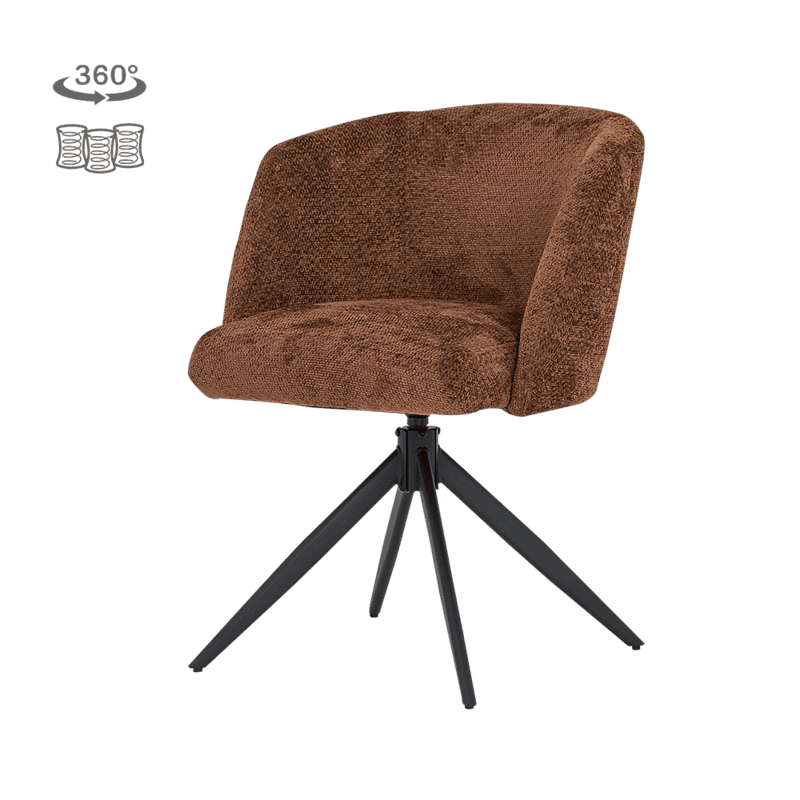 Comfortabele Cuvio armstoel met hazelbruine bekleding en zwart metalen onderstel, perfect voor moderne woonruimtes.