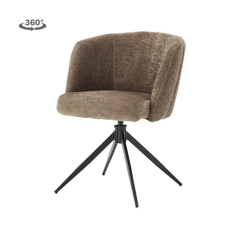 Moderne Cuvio armstoel in taupe stof met draaibare basis, perfect voor een stijlvolle en comfortabele zithoek.