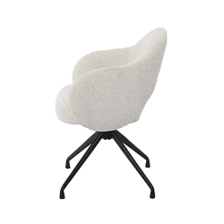 Moderne houten draaifauteuil met zachte, witte bekleding en zwarte metalen onderstel, perfect voor een stijlvolle en comfortabele zithoek.