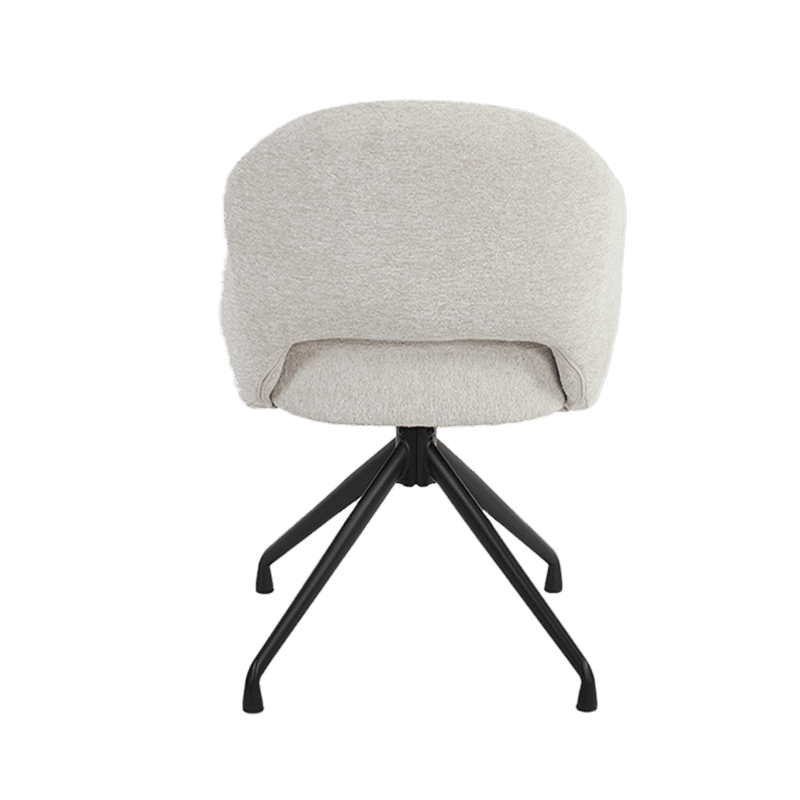 Moderne beige eetkamerstoel met comfortabele bekleding en zwart metalen onderstel, perfect voor een stijlvolle en gezellige eetruimte.