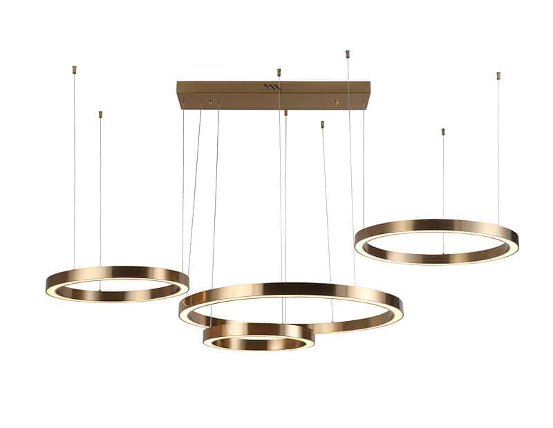 Moderne goldene Hängeleuchte mit kreisförmiger LED-Beleuchtung, ideal für das Wohn- oder Esszimmer, mit einem klaren und zeitgemäßen Design.
