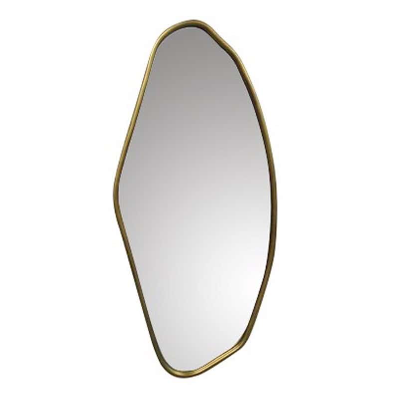 Moderner Spiegel mit goldenem Rand und einzigartiger asymmetrischer Form, perfekt für eine stilvolle Inneneinrichtung.