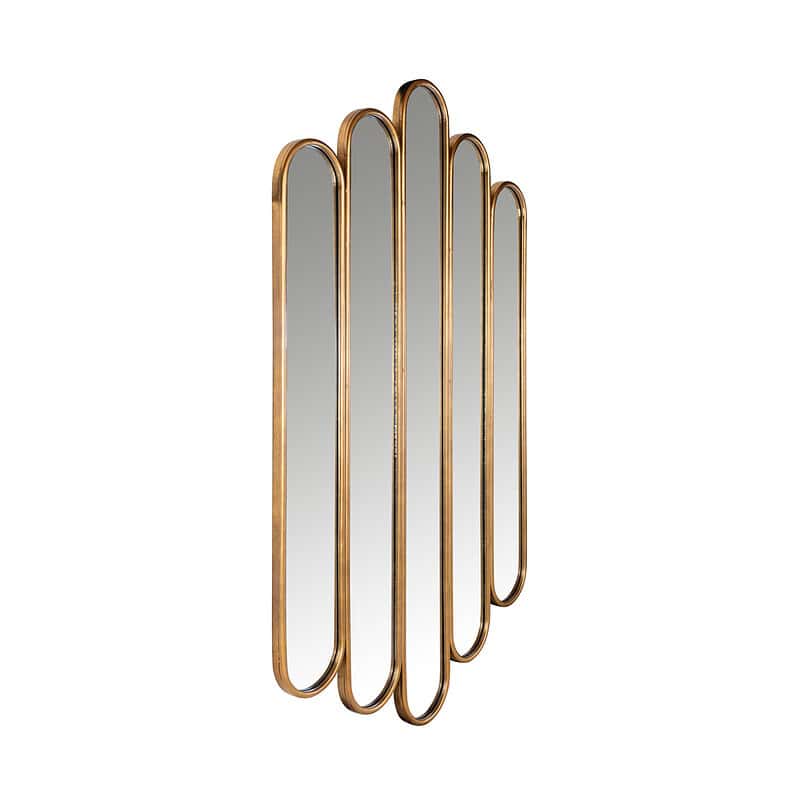 Eleganter Wandspiegel mit goldfarbenem Rahmen und einzigartigem Design, perfekt für moderne Einrichtungen. Eine stilvolle Bereicherung für jedes Wohn- oder Schlafzimmer.
