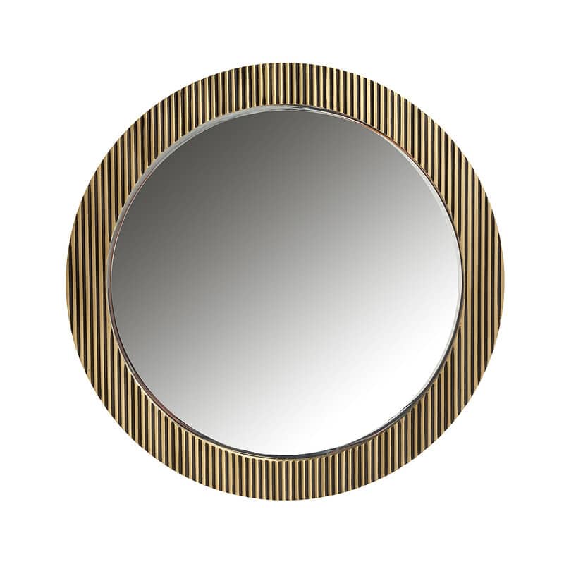 Elegante gouden ronde spiegel met houten frame, perfect voor moderne en stijlvolle interieurs. Voeg een luxe uitstraling toe aan je woonkamer of hal met deze decoratieve spiegel.