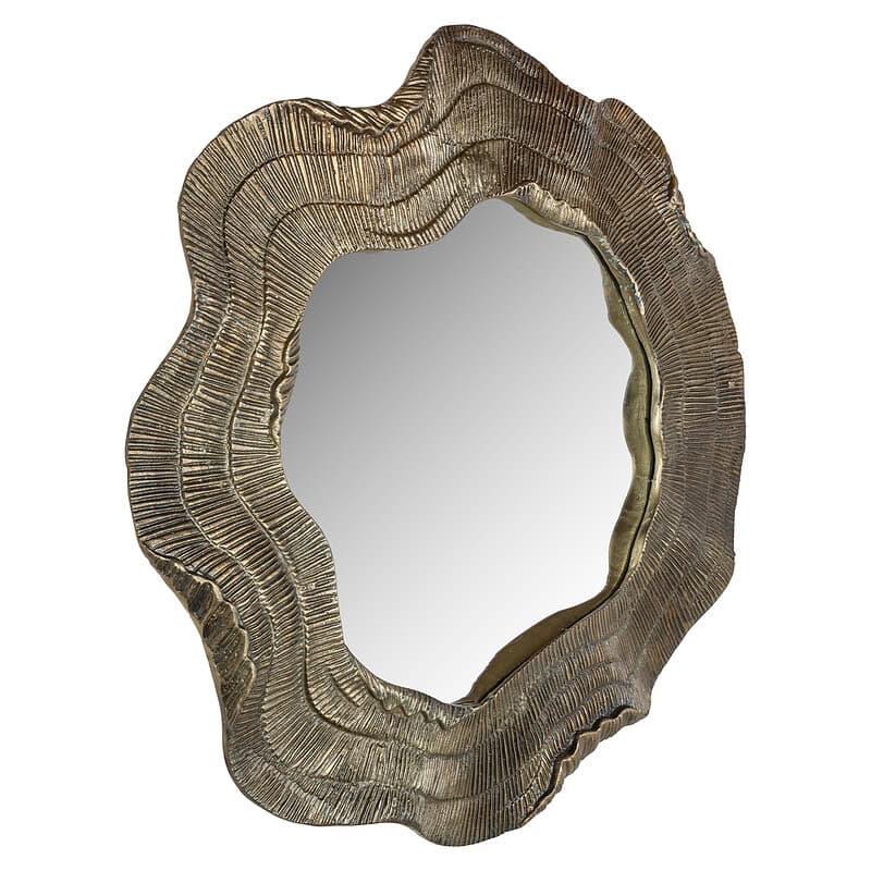 Decoratieve houten spiegel met een rustieke, natuurlijke rand en een helder spiegeloppervlak, perfect voor een stijlvolle en warme interieuraccent.
