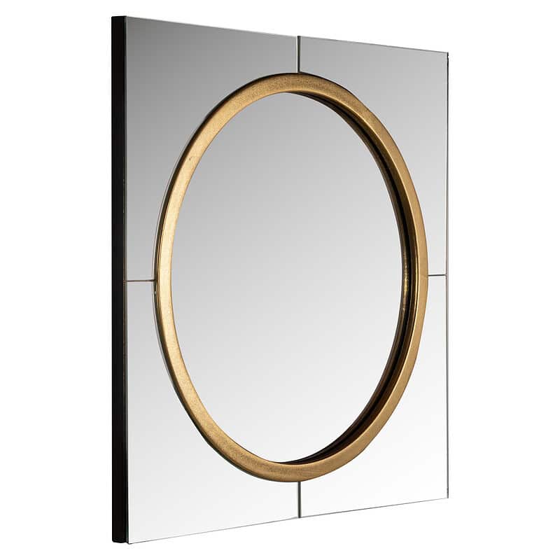 Moderne spiegel met ronde gouden rand, geschikt voor woonkamer of badkamer, van hoogwaardige kwaliteit en stijlvol design.