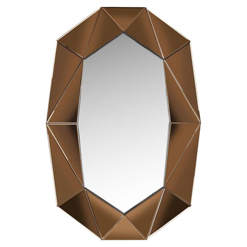 Moderne gouden spiegel met een unieke geometrische frame, perfect voor een stijlvolle en eigentijdse inrichting. Voeg een luxe accent toe aan elke kamer met dit elegante decorstuk.