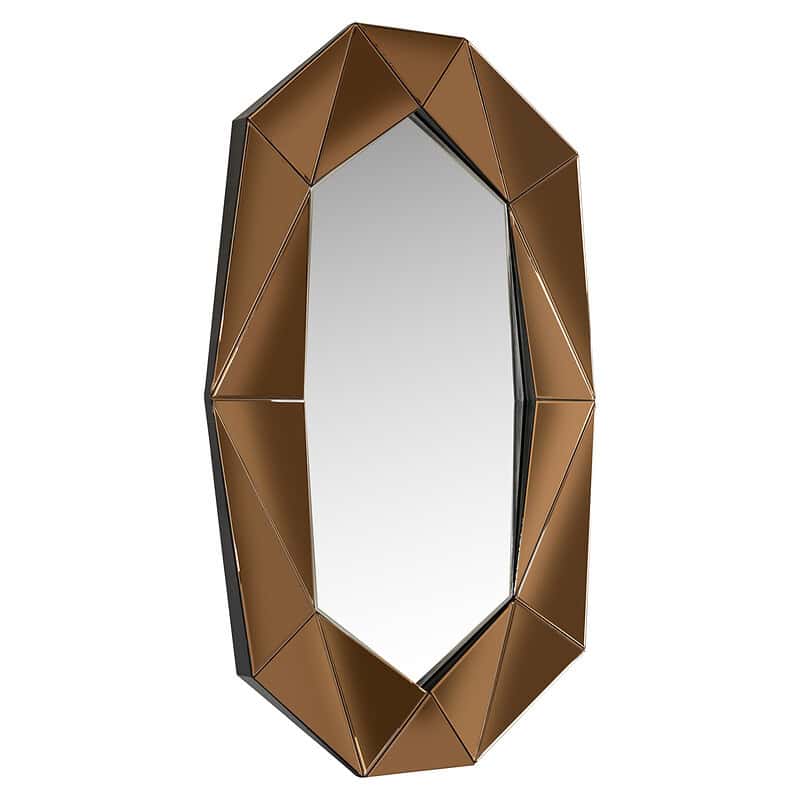 Gouden spiegel met geometrisch frame, perfect voor moderne interieurdecoratie. Deze stijlvolle muurspiegel voegt elegantie en een luxe uitstraling toe aan elke kamer.
