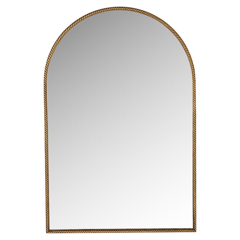 Gouden boogspiegel met decoratieve rand, perfect voor een stijlvolle interieurafwerking. Ideaal voor in de woonkamer, slaapkamer of hal, en voegt een luxe uitstraling toe aan elke ruimte.