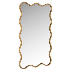 Elegante gouden spiegel met een sierlijke, golvende rand, perfect voor een stijlvolle interieurdecoratie. Geschikt voor woonkamer, slaapkamer of hal.