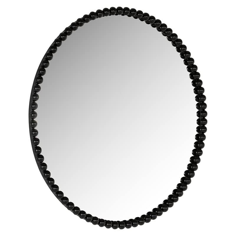 Elegant ovalen spiegel met zwarte kralenrand, perfect voor moderne interieurdecoratie en stijlvolle woonruimtes.
