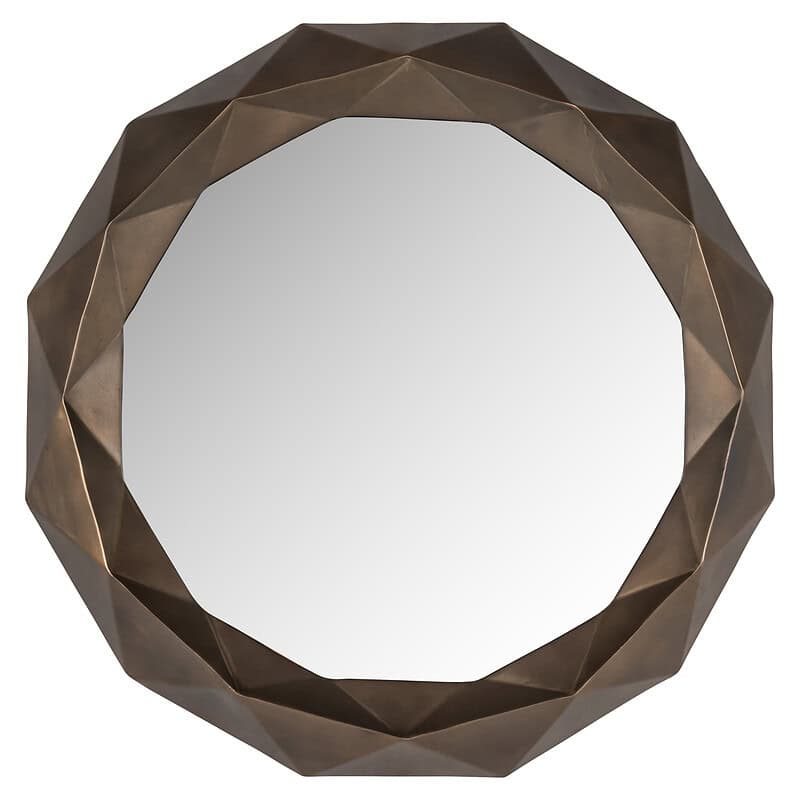 Grote decoratieve wandspiegel met een uniek geometrisch metalen frame in goudkleur, perfect voor een moderne en stijlvolle inrichting.
