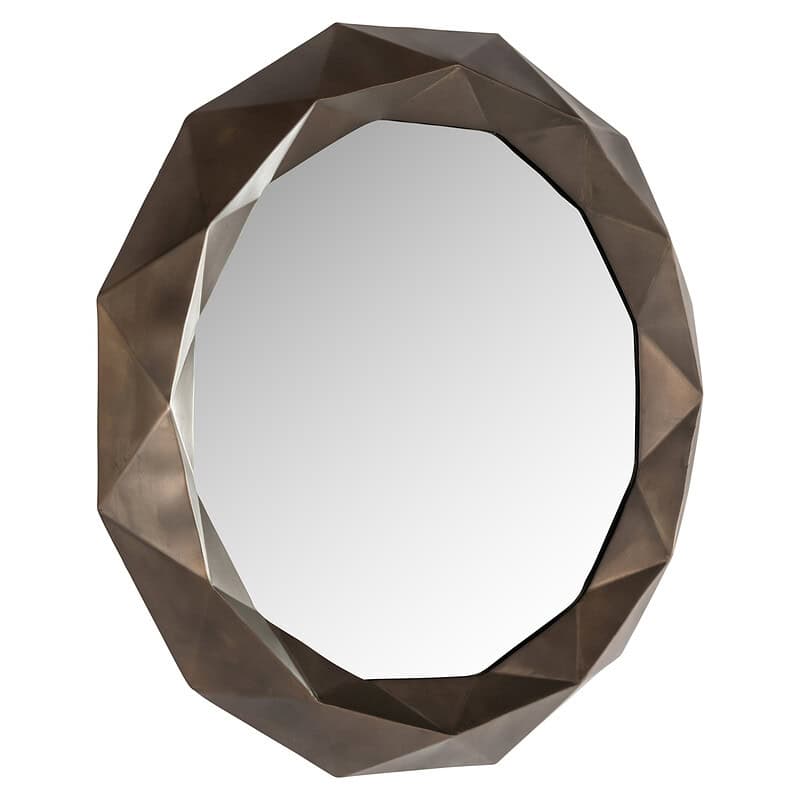 Moderne ronde spiegel met een unieke, geometrische metalen rand, perfect voor een stijlvolle en eigentijdse inrichting.