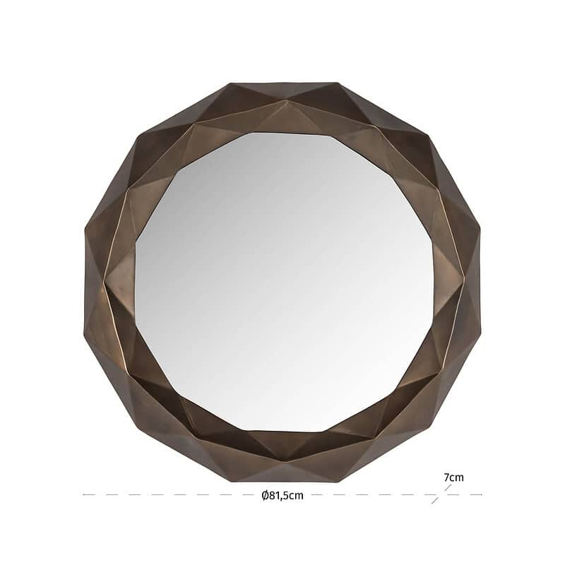 Gouden metalen wandspiegel met geometrisch frame, decoratief en modern design, geschikt voor woonkamer of slaapkamer, afmeting ongeveer 81,5 cm diameter.