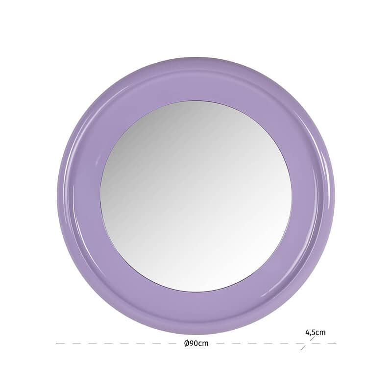 Ronde spiegel met een paarse rand, diameter 90 cm, geschikt voor moderne interieurdecoratie.