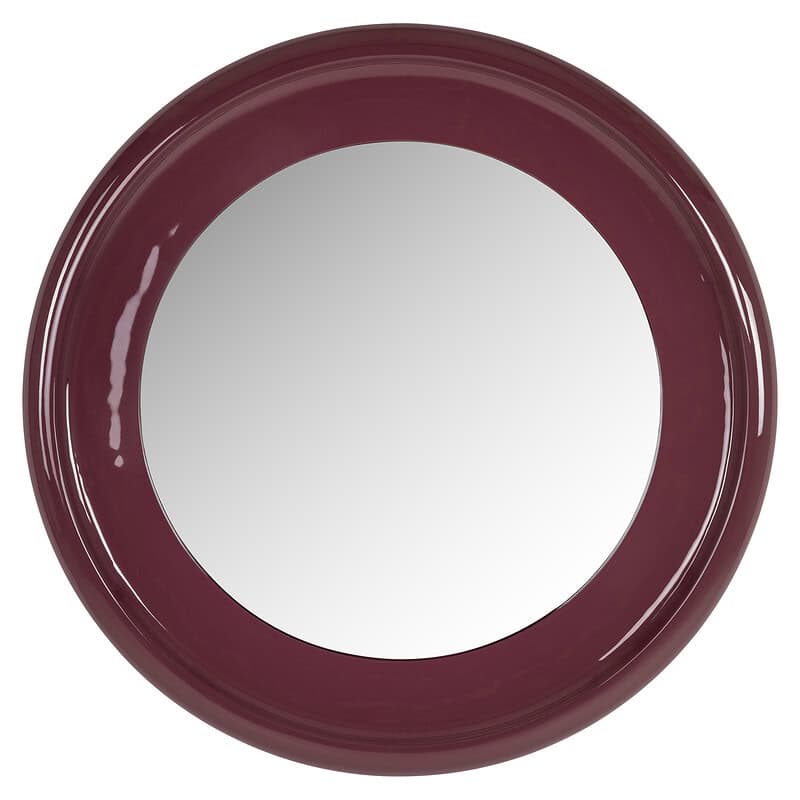 Ronde muurspiegel met wijnrode rand, perfect voor moderne interieurdecoratie en het vergroten van de ruimte. Een stijlvolle toevoeging aan elke woonkamer of hal.