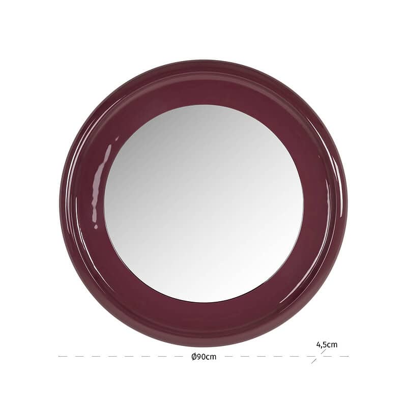 Ronde spiegel van 90 cm diameter met een stijlvolle bordeauxkleurige rand, perfect voor moderne interieurdecoratie.