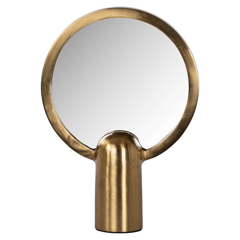 Elegante gouden handspiegel met ronde spiegel en stijlvolle handgreep, perfect voor modern interieur en decoratie.