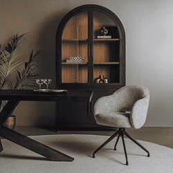 Een stijlvolle vintage houten kast met zwarte afwerking, geplaatst in een modern interieur met een comfortabele bureaustoel en decoratieve accessoires.